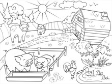 Farm Animals And Rural Landscape Coloring Vector For Adults