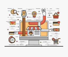 Set line art flat illustration of the concept convenient and secure online shopping