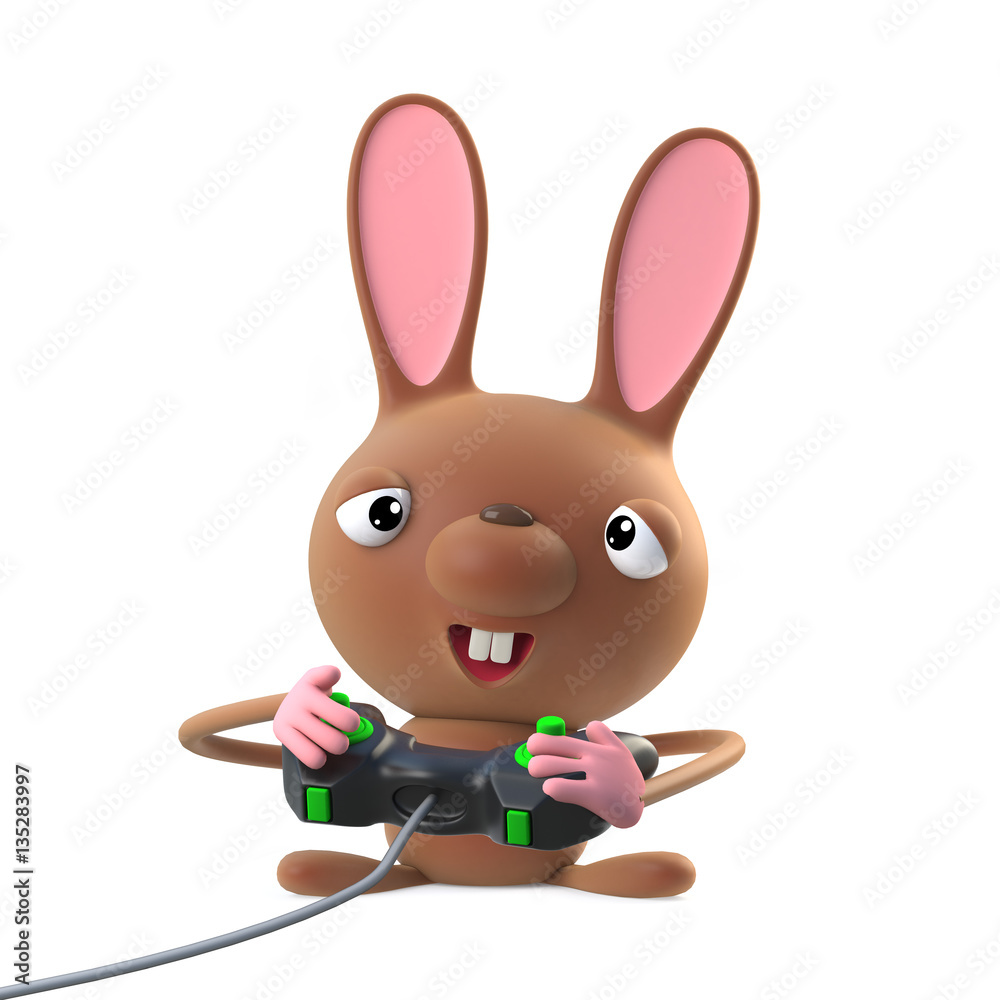 3d Cute cartoon Easter bunny rabbit character plays a video game Stock ...