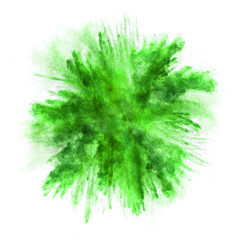 Wall Mural - Explosion of green powder on white background