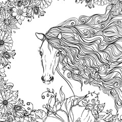 hand drawn ink doodle horse and flowers on white background. design for adults, poster, print, t-shirt, invitation, banners, flyers. sketch. vector eps 8.