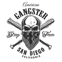 Poster - Gangster emblem, label, print, badge with skull in bandana and crossed baseball bats