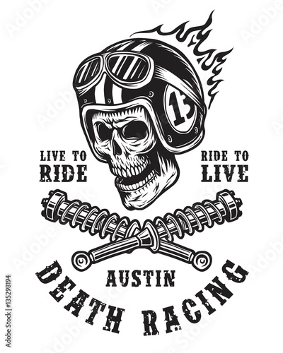 Racing emblem with skull in helmet, typography and springs