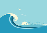 Fototapeta Konie - Big ocean wave and tropical island.Vector blue background