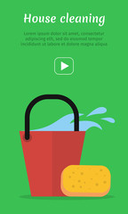 Wall Mural - Cleaning Web Banner. Bucket with Water and Sponge