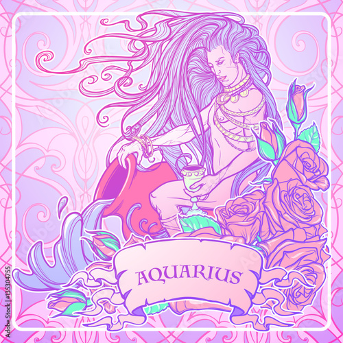Zodiac sign Aquarius. Young man with long hair holding large amphora ...