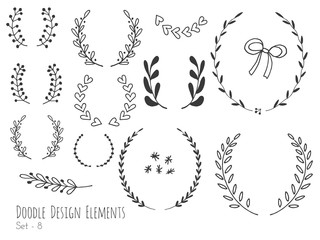  Collection of hand drawn doodle design elements isolated on white background. Set of handdrawn borders, laurel wreaths, floral dividers, ribbon. Abstract hand sketched shapes. Vector illustration.