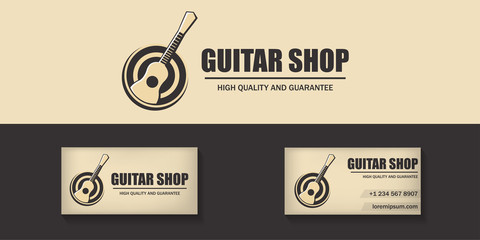 Vector logo for guitar shop for branding and covering. Concept of music store and musical instruments market.