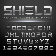 Poster - Modern Metallic Hi-Tech Font. Vector Techno Alphabet done in shiny metal