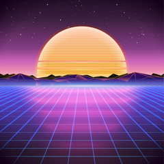Poster - 80s Retro Sci-Fi Background with Sunset. Vector retro futuristic synth retro wave illustration in 1980s posters style