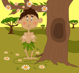 Vector illustrated cartoon helpless African kid.