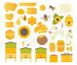Honey vector set with bee, honeycomb, hive, honey, drip, bee pollen,beeswax candles and sunflower. Beekeeping products.