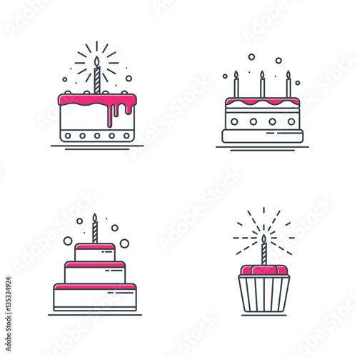 Birthday cake icons, line design. vector illustration.