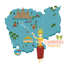 Wall Mural - Cambodia Map and Landmarks with Apsara Dancer, Culture, Travel and Tourist Attraction