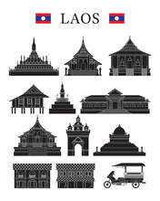 Laos Landmarks And Culture Object Set, Design Elements, Black And White, Line And Silhouette