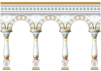 Fabulous ancient arch facade in the east or the ancient Russian style with gold, mosaic, white enamel. Vector graphics