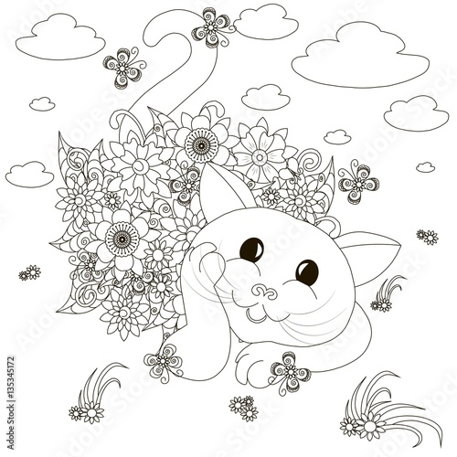 Flowers laying cat coloring page anti-stress stock vector illustration