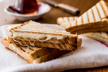 Turkish Sandwich Toast (Tost) With Cheddar Or Melted Cheese And Tea