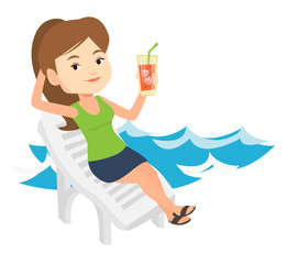 Poster - Woman relaxing on beach chair vector illustration.