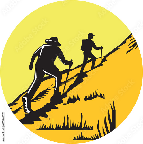 Fotografia, Obraz Hikers Hiking Up Steep Trail Circle Woodcut