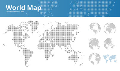 square dotted world map and earth globes showing all continents. vector illustration template for we