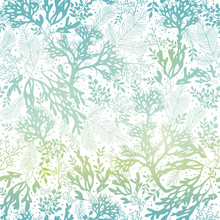 Vector Blue Freen Seaweed Texture Seamless Pattern Background. Great For Elegant Gray Fabric, Cards, Wedding Invitations, Wallpaper.