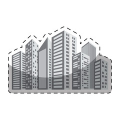 Poster - grayscale buildings and city scene line sticker, vector illustration