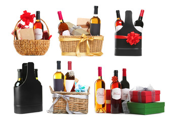 Wall Mural - Set of wine gifts with festive decor on white background