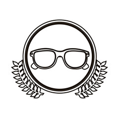 Sticker - black contour circle with decorative olive branch and sunglasses vector illustration