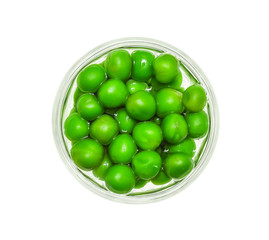 Wall Mural - Canned peas in a mini glass bowl isolated on white background, Top view