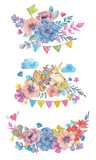 Fototapeta Motyle - Cute watercolor flower background with magic unicorn