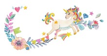 Cute Watercolor Design With Magic Unicorn And Flowers