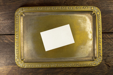 Wall Mural - Business card on vintage tray, blank for copyspace