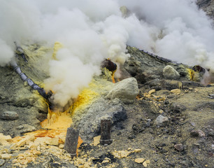 Crater of sulfur volcano Ijen in Indonesia