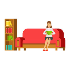 Poster - Woman Sitting On The Sofa Reading A Book Next To Bookshelf, Smiling Person In The Library Vector Illustration