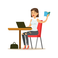 Poster - Woman Studying Copying From The Book To Lap Top, Smiling Person In The Library Vector Illustration