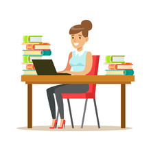 Woman With Lap Top At The Desk Surrounded By Piles Of Books, Smiling Person In The Library Vector Illustration