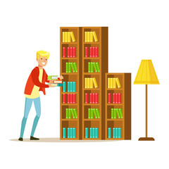 Poster - Mn Collecting The Books From The Bookshelf, Smiling Person In The Library Vector Illustration