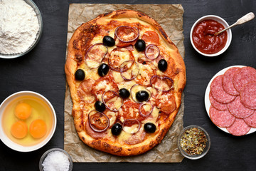 Wall Mural - Pizza and ingredients, top view