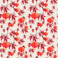 Wall Mural - Red maple branch with paper lantern. Chinese seamless pattern. Watercolor