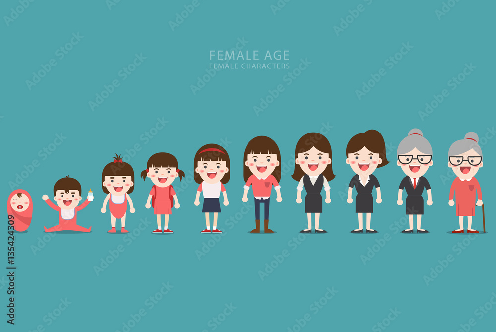 female characters, the cycle of life from childhood to old age Stock ...