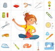 Seamstress girl and sewing tools, line vector