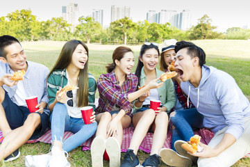 Wall Mural - happy young friends enjoying  healthy picnic