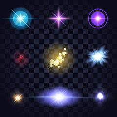 Wall Mural - set of glow colored lights, lens fares, star burst on dark transparent background. blue, orange, red