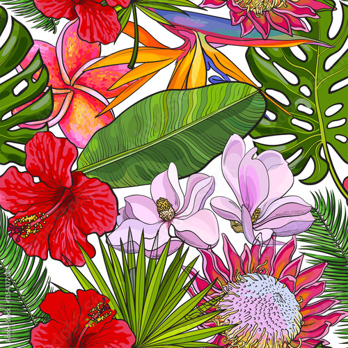 Seamless pattern with tropical flowers and palm leaves, on white background, ...