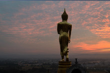 Sunrise At Golden Buddha Statue In Khao Noi Temple, Nan Province