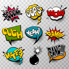 Wall Mural - set effects comic speech bubbles, comic text baloon. bsng, boom, bam, oops, bomb