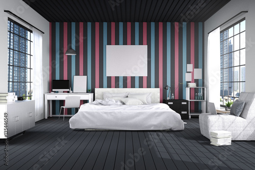 3d Rendering Illustration Of Big Spacious Bedroom In Blue