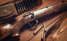 Hunting Equipment On Old Wooden Background