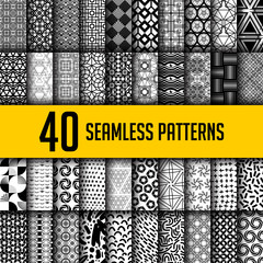 Wall Mural - set of 40 black and white seamless abstract patterns. super big collections of modern geometric mono